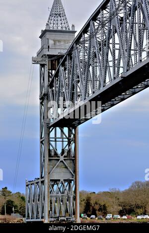 View of one tower of the vertical lift railroad bridge spanning the Cape Cod canal Stock Photo