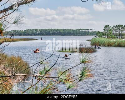 Kayaking and paddleboarding on Western Lake, a coastal dune lake in Grayton Beach State Park, in the Florida panhandle county of South Walton, USA. Stock Photo