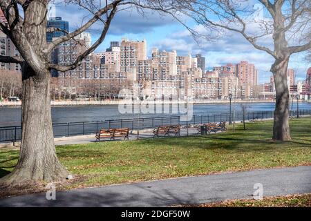 New York City Manhattan buildings from Queensbridge Park on a beutiful winter day Stock Photo