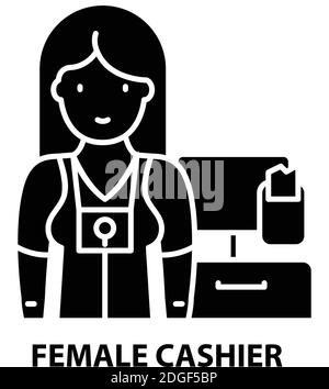 female cashier icon, black vector sign with editable strokes, concept illustration Stock Vector