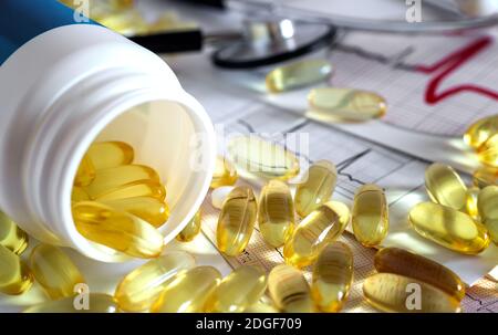 Bottle of medicine in the form of capsules. Stock Photo