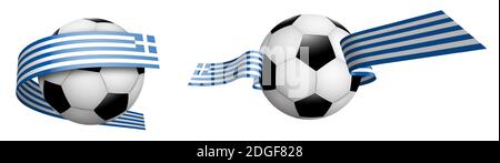 balls for soccer, classic football in ribbons with colors Greece flag. Design element for football competitions. Isolated vector on white background Stock Vector