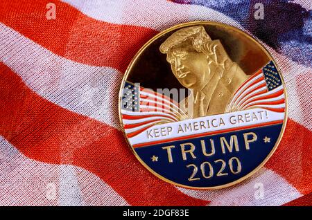 Donald Trump coin presidential against US flag in the election 2020 Stock Photo