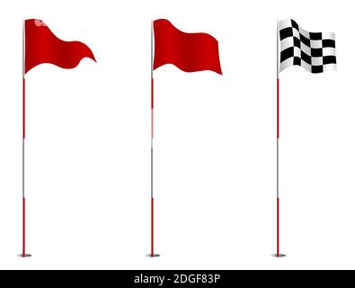 triangular red and finishing golf flag on pole. Golf hole on course marked with red flag. Active lifestyle. Vector isolated on white background Stock Vector
