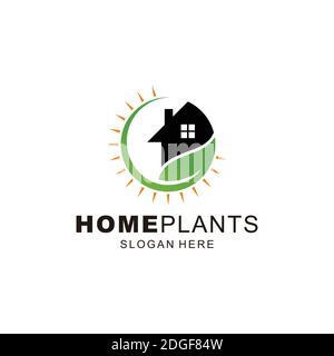 Simple Green Leaves and home Logo Template wih light sun Stock Vector