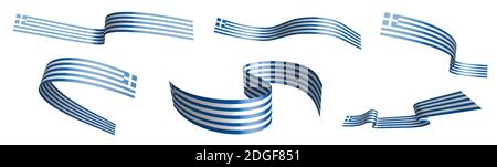 Set of holiday ribbons. Greece flag waving in wind. Separation into lower and upper layers. Design element. Vector on white background Stock Vector