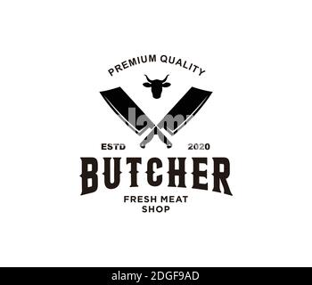 Vintage butcher shop logo with meat knives and bull head Stock Vector