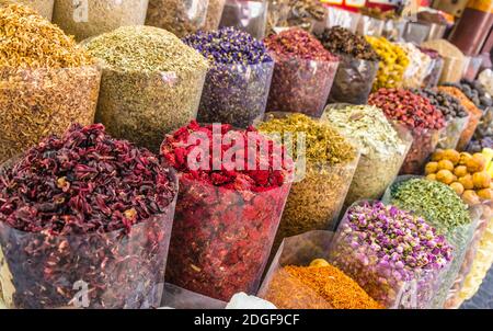 Variety of spices and herbs on the arab street market stall. Dubai Spice Souk Stock Photo