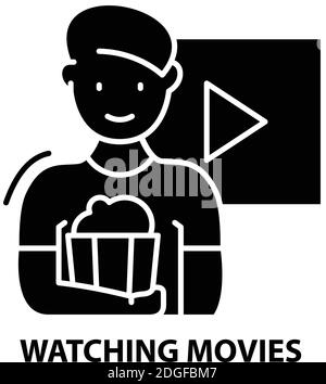 watching movies icon, black vector sign with editable strokes, concept illustration Stock Vector
