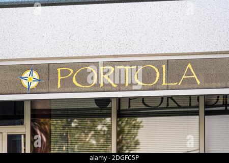 Sep 21, 2020 South San Francisco / CA / USA - Portola logo at their Silicon Valley HQ; Portola Pharmaceuticals, an American clinical stage biotechnolo Stock Photo