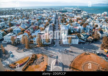 City aerial view from Hallgrimskirkja in Reykjavik, Iceland Stock Photo