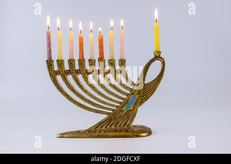 Oppenheim brass menorah popular 1463 made in Israel, Hanukkah Judaica.