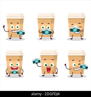 Photographer profession emoticon with new coffee cup cartoon character. Vector illustration Stock Vector