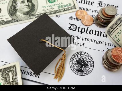 Graduation cap money and diploma Stock Photo