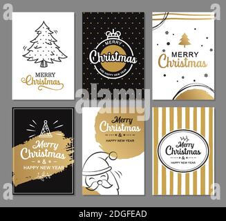 Merry christmas greeting cards with gold luxury decoration templates. Set of holiday posters, tag, banner, postcard design. Stock Vector
