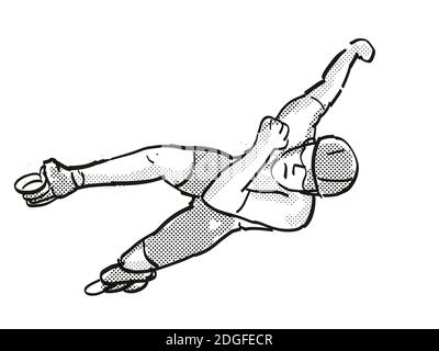 Retro cartoon style drawing of an athlete skater inline speed skating on  isolated background done in black and white Stock Photo - Alamy