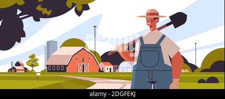 male farmer in uniform holding shovel eco farming agriculture concept rural farmland countryside landscape horizontal portrait vector illustration Stock Vector