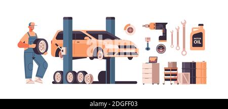 mechanic working and fixing vehicle car service automobile repair and check up maintenance station concept isolated horizontal vector illustration Stock Vector