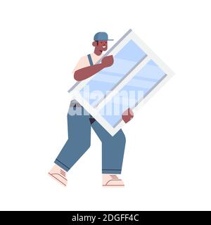 professional worker handyman in uniform installing new window home maintenance service repair concept isolated full length vector illustration Stock Vector