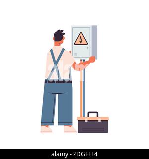 professional electrician or electric repairman in uniform repairing electrical box repair service electricity concept full length isolated vector illustration Stock Vector