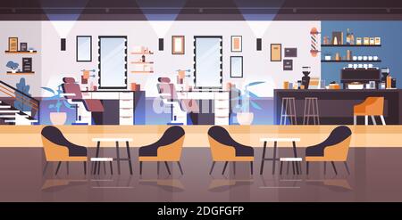 modern barbershop empty no people beauty salon for haircutting interior fashion concept horizontal vector illustration Stock Vector
