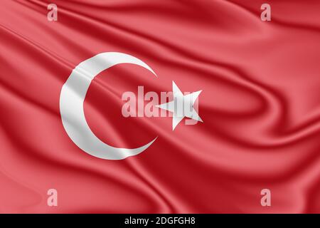 Flag of Turkey fluttering in the wind in 3D illustration Stock Photo