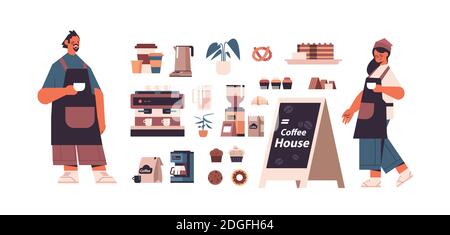 https://l450v.alamy.com/450v/2dgfh64/set-coffee-shop-tools-and-accessories-with-man-woman-barista-in-uniform-isolated-horizontal-vector-illustration-2dgfh64.jpg