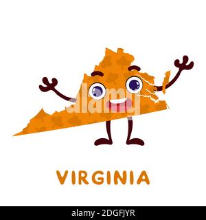 Cute cartoon Virginia state character clipart. Illustrated map of state of Virginia of USA with state name. Funny character design for kids game, Stock Vector