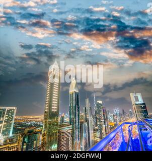 Amazing aerial view of Downtown Dubai skyline from Sheikh Zayed Road, United Arab Emirates