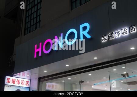 A Huawei Honor flagship store is pictured in Shanghai, China, 17 November 2020.   Huawei Technologies is selling its budget brand smartphone unit Hono Stock Photo