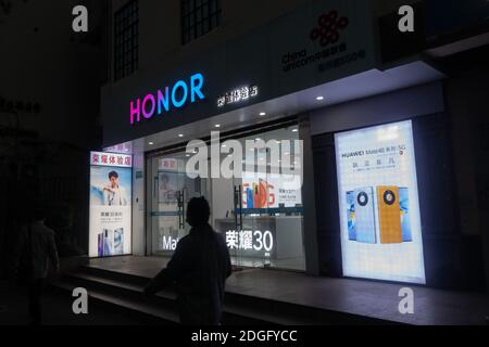 A Huawei Honor flagship store is pictured in Shanghai, China, 17 November 2020.   Huawei Technologies is selling its budget brand smartphone unit Hono Stock Photo