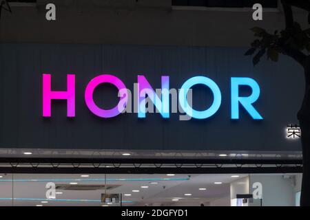 A Huawei Honor flagship store is pictured in Shanghai, China, 17 November 2020.   Huawei Technologies is selling its budget brand smartphone unit Hono Stock Photo