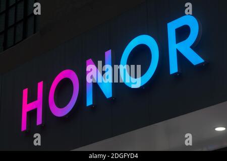 A Huawei Honor flagship store is pictured in Shanghai, China, 17 November 2020.   Huawei Technologies is selling its budget brand smartphone unit Hono Stock Photo