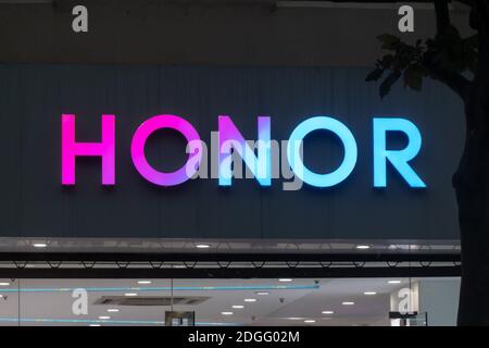 A Huawei Honor flagship store is pictured in Shanghai, China, 17 November 2020.   Huawei Technologies is selling its budget brand smartphone unit Hono Stock Photo