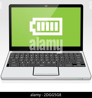 A Laptop PC presenting a full - maximum battery charge icon on screen. Stock Vector