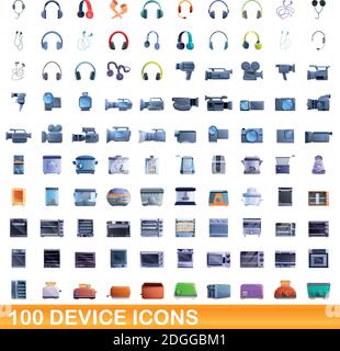 100 device icons set. Cartoon illustration of 100 device icons vector set isolated on white background Stock Vector