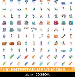 100 entertainment icons set. Cartoon illustration of 100 entertainment icons vector set isolated on white background Stock Vector