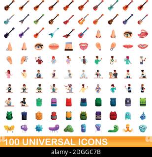 100 universal icons set. Cartoon illustration of 100 universal icons vector set isolated on white background Stock Vector