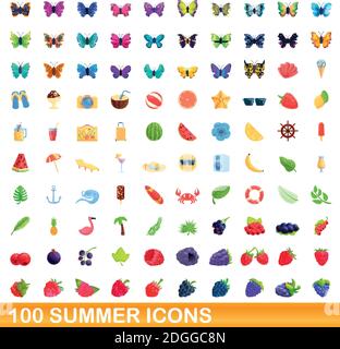 100 summer icons set. Cartoon illustration of 100 summer icons vector set isolated on white background Stock Vector
