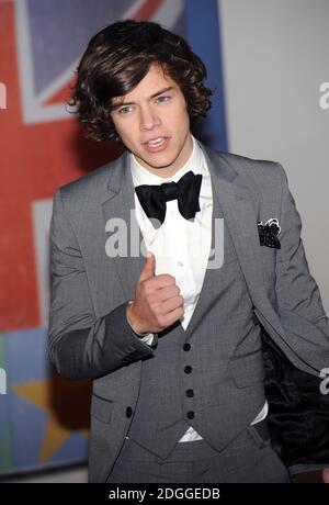 Harry Styles from One Direction arriving at The Brit Awards 2012, The O2 Arena, Greenwich, London. Stock Photo