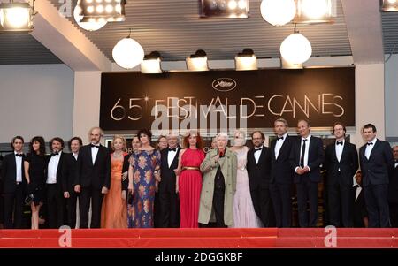 Actors Anne Duperey, Pierre Arditi, Sabine Azema, director Alain Resnais, Anne Consigny,producer Bruno Podalydes Lambert Wilson and Hippolyte Girardot arriving at the Gala Screening of Vous N'Avez Encore Rien Vu, held at the Palais de Festival as Part of the 65th Cannes Film Festival in Southern France. Stock Photo