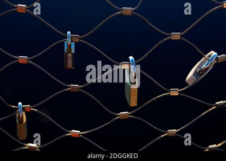 several padlocks on a bridge symbolizing love Stock Photo