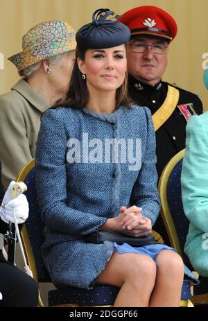 The Duchess of Cambridge watches a children's sports event during a visit to Vernon Park in Nottingham. Stock Photo