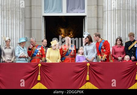 (Left to Right) Sophie Countess of Wessex, Camilla Duchess of Cornwall, Prince Charles Duke of Cornwall, Prince Edward, Queen Elizabeth, Princess Anne, Prince Philip Duke of Edinburgh, Lady Louise Windsor, Catherine Duchess of Cambridge, Prince William Duke of Cambridge, Princess Eugenie and Prince Harry watching a Royal Air Force fly pass with their family from the balcony of Buckingham Palace after the Trooping The Colour at the Horse Guards Parade in London Stock Photo