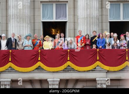 (Left to Right) Prince Andrew, Sophie Countess of Wessex, Camilla Duchess of Cornwall, Prince Charles Duke of Cornwall, Prince Edward, Queen Elizabeth, Princess Anne, Prince Philip Duke of Edinburgh, Lady Louise Windsor, Catherine Duchess of Cambridge, Prince William Duke of Cambridge, Princess Eugenie, Prince Harry and Princess Beatrice watching a Royal Air Force fly pass with their family from the balcony of Buckingham Palace after the Trooping The Colour at the Horse Guards Parade in London Stock Photo