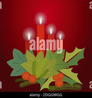 Christmas arrangement with candles, holly and fir tree Stock Vector