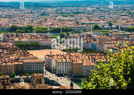 Lyon panorama elevated view on sunny day. Aerial panoramic view of Lyon with the skyline. Bellecour Square And Place Poncet, Lyo Stock Photo