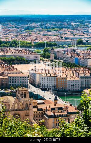 Lyon panorama elevated view on sunny day. Aerial panoramic view of Lyon with the skyline. Bellecour Square And Place Poncet, Lyo Stock Photo
