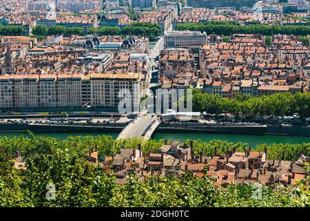 Lyon panorama elevated view on sunny day. Aerial panoramic view of Lyon with the skyline. Top view of Lyon cityscape with Pont M Stock Photo
