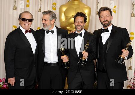 (left to right) George Clooney, Grant Heslov and Ben Affleck with the Oscar for Best Picture for Argo alongside Jack Nicholson (far left) at the 85th Academy Awards at the Dolby Theatre, Los Angeles. Stock Photo